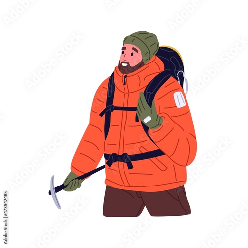 Tourist hiker travel with backpack and ice ax. Rock climber walking. Backpacker trekking with equipment. Happy excited mountain traveler. Flat vector illustration isolated on white background