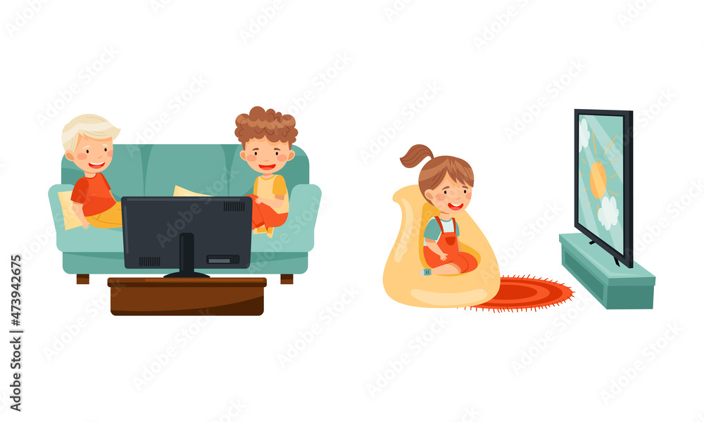 Cute preschool kids sitting and watching TV, child leisure concept ...