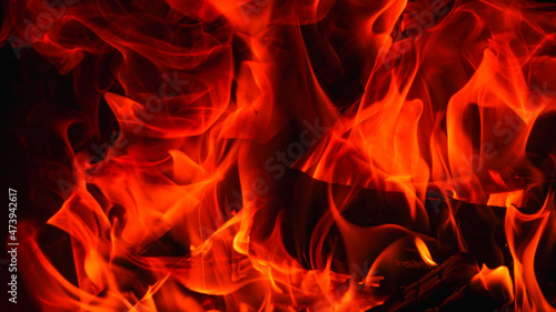 Fire. Fire texture. Burning wood in the fireplace. Close-Up Of Fire In The Dark. Fire flames burning isolated on black background.