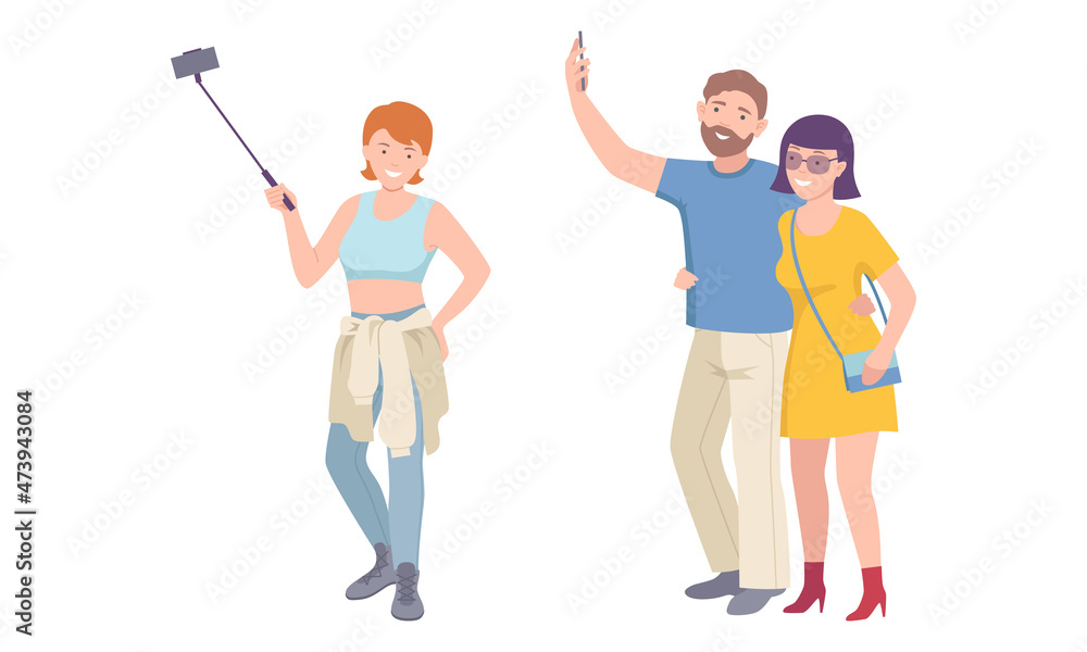 Fototapeta premium People making selfie with smartphone set. Man and woman with modern gadgets vector illustration