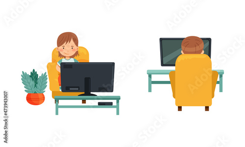 Cute preschool kids sitting in armchair and watching TV, front and behind view, child leisure concept vector illustration