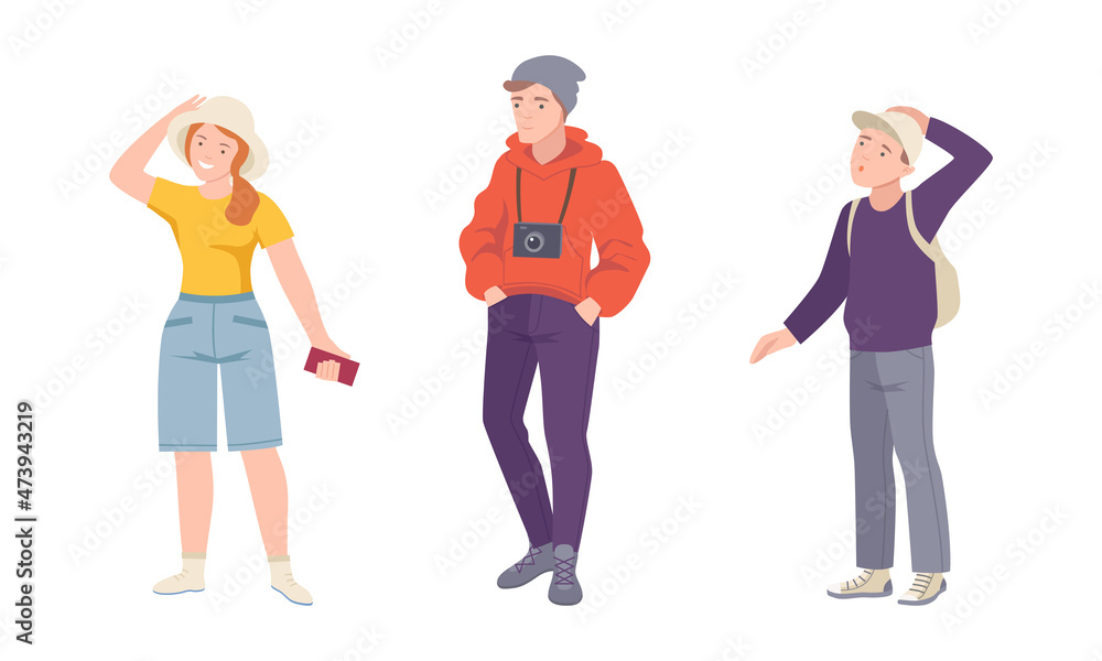 Tourists with cameras exploring interesting places and taking photos set vector illustration