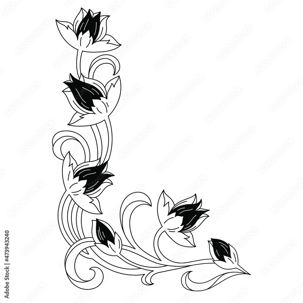 Obraz premium vector corner floral pattern for page decoration consisting of beautiful flowers and intertwined leaves isolated on white background. useful for print, decorating pages, postcards, invitations, tattoo
