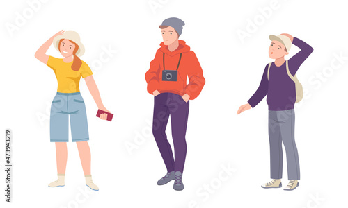 Tourists with cameras exploring interesting places and taking photos set vector illustration