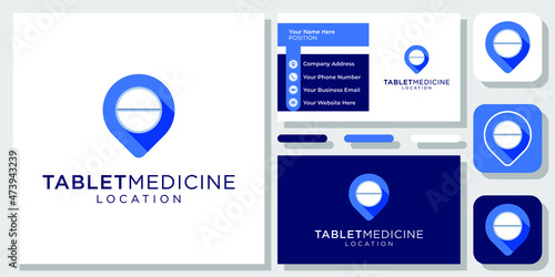 Tablet Medicine Pin Map Pill Capsule Location Pharmacy Icon Logo Design with Business Card Template