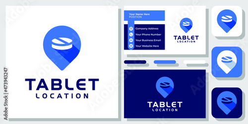 Tablet Medicine Pin Map Pill Capsule Location Pharmacy Icon Logo Design with Business Card Template
