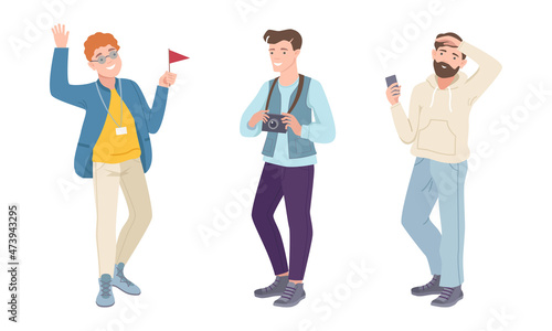 People with camera and smartphone walking at excursion with tour guide and taking photos set vector illustration