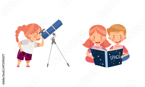 Kids learning about space set. Boy and girl using telescope for astronomical research and reading book vector illustration