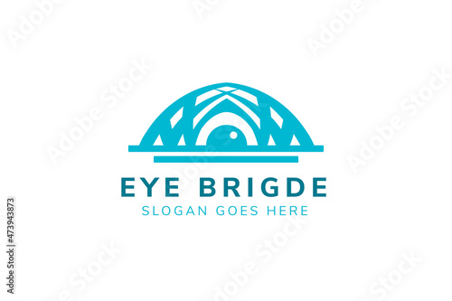 eye bridge logo design template use blue color isolated on black background. combination of bridge and vertical half eye.