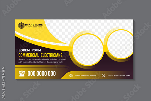 Commercial electricians banner design template. circle shape for photo collage. combination yellow on elements and dark purple gradient on background. poster template design