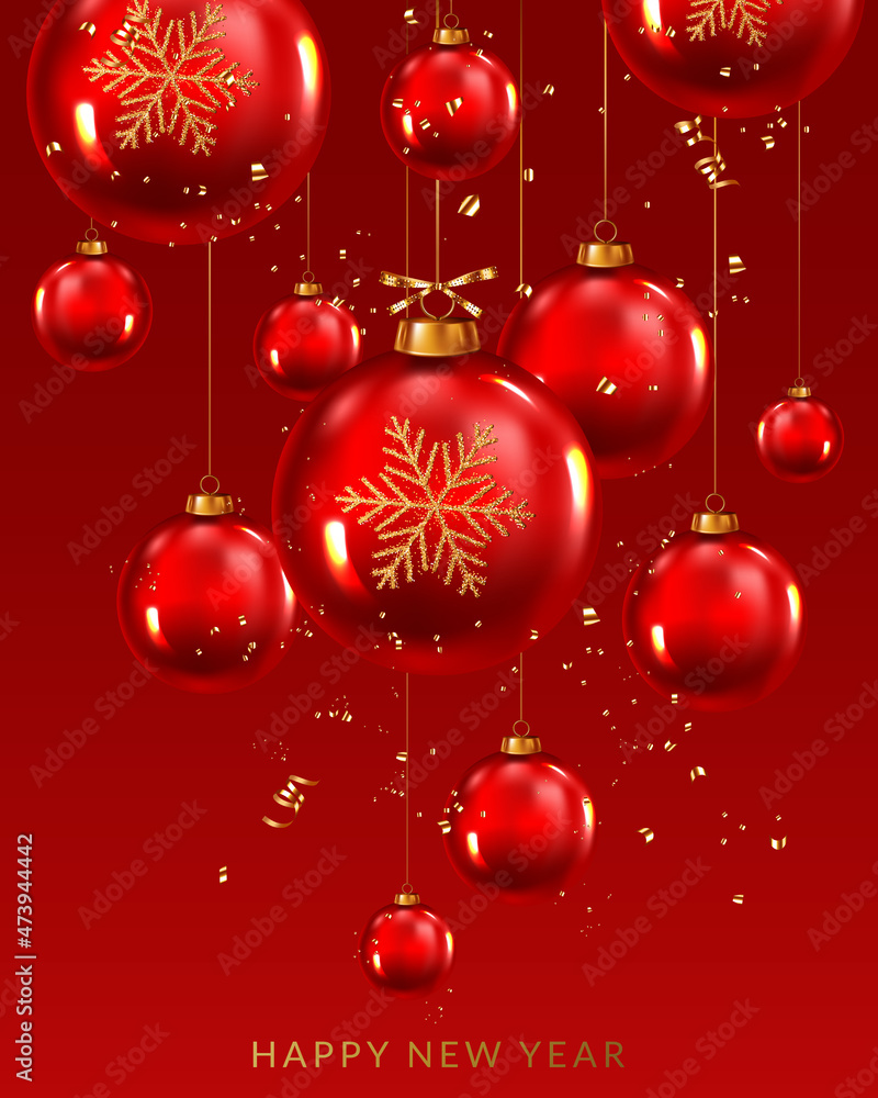 Christmas greeting card with balls, bow and confetti on red background. Christmas greeting card with balls, bow and confetti on red background.