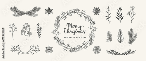 Merry Christmas vector hand drawn decoration set. Christmas wreath greeting text branches of fir trees plants berries snowflake. Vector illustration isolated on white background photo