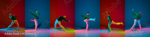 Dynamic movements. Collage with flexible man, break dance, hip hop dancer practicing in casual clothes isolated over red blue background.