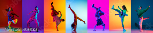 Collage made with images of break dance or hip hop dancer in action, motion isolated over multicolored background in neon.