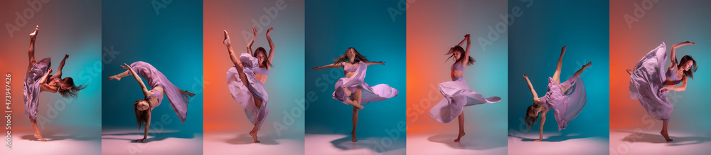 Young graceful tender ballerina on pink blue studio background Collage. Ballet and modern contemporary choreography concept.