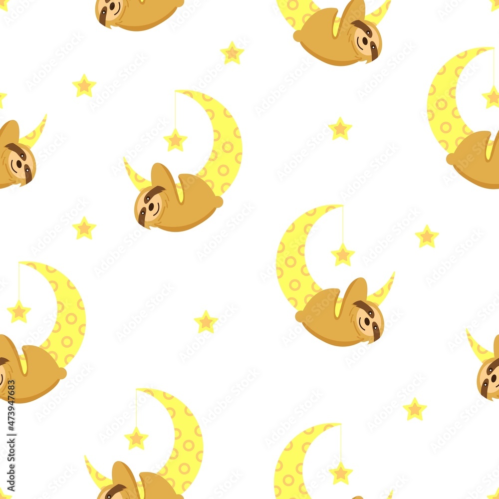 Fototapeta premium Seamless pattern. Baby sloth hanging on a yellow crescent. Moon and stars. White background. Cute and funny. Cartoon style. Good night. Kids bedroom. Post card, wallpaper, textile, wrapping paper