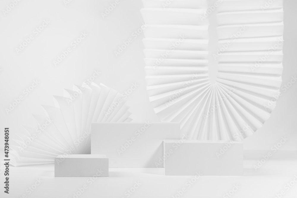 Elegant minimalist simple scene mockup with set of three white ...