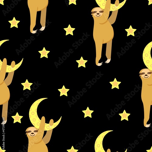 Seamless pattern. Baby sloth hanging on a yellow crescent. Moon and stars. Black background. Cute and funny. Cartoon style. Good night. Kids bedroom. Post card, wallpaper, textile, wrapping paper