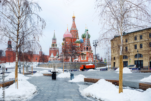Moscow, Russia, View of St. Basil's Cathedral from Zaryadye Park. This is one of the most beautiful and ancient churches in Moscow, the most important decoration of Red Square. Winter adorned Moscow