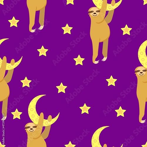 Seamless pattern. Baby sloth hanging on a yellow crescent. Moon and stars. Violet background. Cute and funny. Cartoon style. Good night. Kids bedroom. Post card  wallpaper  textile  wrapping paper