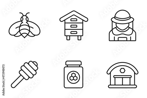 Simple Set of Honey bee farm Vector icon. Contains such Icons as farm, barn, honeycomb, beehive, honey farmer, smoker, honey pot, jar.