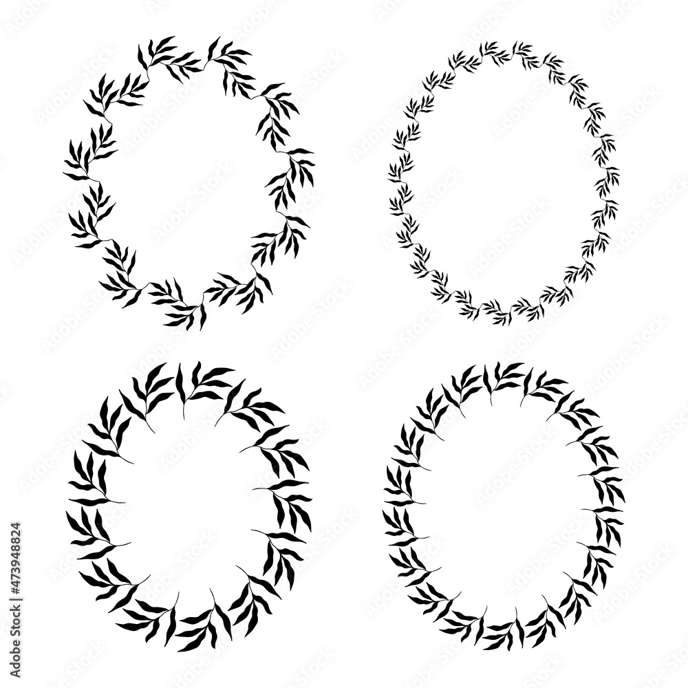 Illustration of collection of assorted oval shaped black frames made of plants on white isolated background