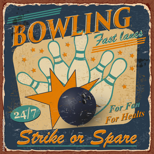 Wallpaper Mural Vintage Bowling metal sign.Retro poster 1950s style.