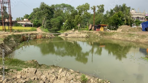 Tilt up shot of a morning view of a beautiful village scene with pond and green trees and a hut. shot of a village in western part of India photo