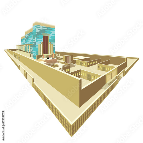 Solomon's Holy Temple in Jerusalem, Two ancient Israelite and Jewish places of worship on the moriah mountain in the Old City. Magnificent colorful vector drawing. Isolated detailed. Precise Orthodox  photo