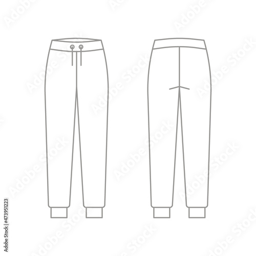 Pants joggers, sport trousers, sweatpants technical drawing, outline template, sketch. Fabric trousers with front, back view. Vector flat illustration
