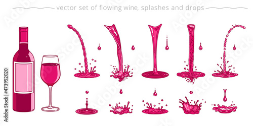 Pouring of red wine. Vector set of trickles, drops and splashes. Cartoon bottle of wine and wineglass. Drawn liquid elements for designs of restaurant menu. Modern linear style