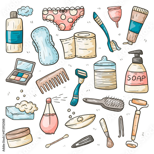 Set of vector doodle beauty icons. Personal accessories and hygiene tools.