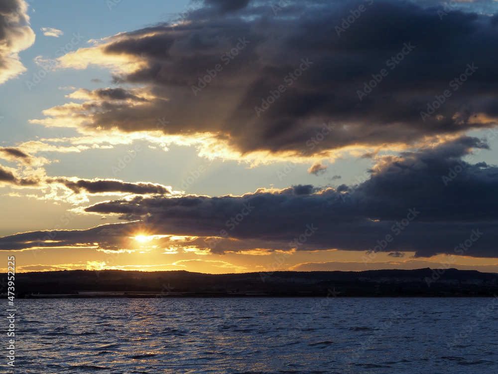 Evening sky over the lake. The sun is in the clouds. Landscape for wallpapers and posters Evening sky over the lake. The sun is in the clouds. Landscape for wallpapers and posters