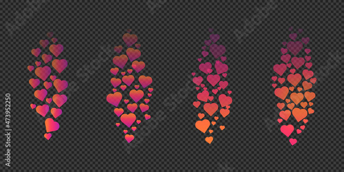 Live like stream social media reactions. Set of gradient vector flying away hearts for chat or online video feedback on transparent background. Web ui, app elements. Floating symbols of different size