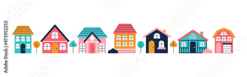 Fototapeta Naklejka Na Ścianę i Meble -  Urban landscape, set of colorful houses, facades. Vector flat illustration