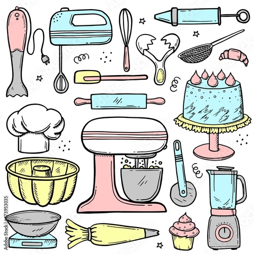 Bakery, confectionery equipment. Hand drawn vector illustration isolated on white. blender, sieve, baking dish, food processor