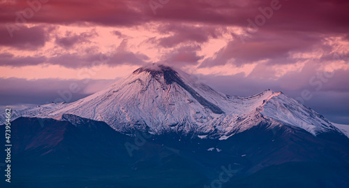 Avachinsky volcano in Kamchatka in the autumn with a snow-covered top