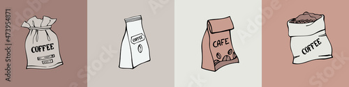 Paper and canvas bags with coffee beans. Hand drawn line sketch. Line art. Colourful vector illustration. 