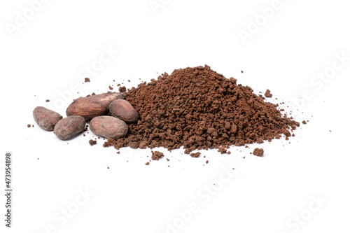 Cocoa powder and cacao beans isolated on white background. 