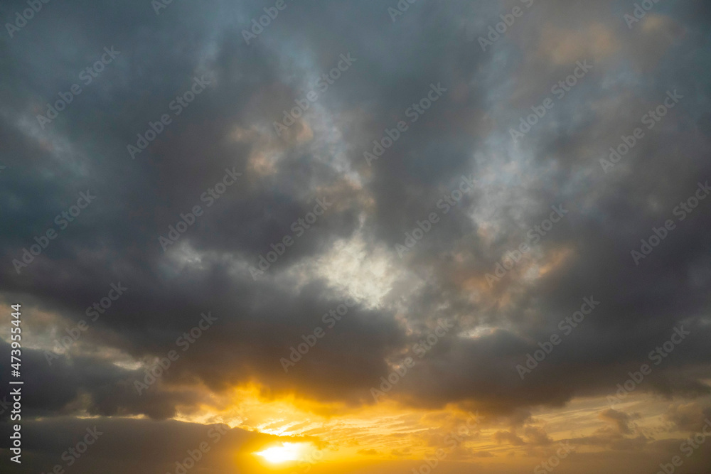 Dark and moody sunset sky. Warm and cool color. Nature background.