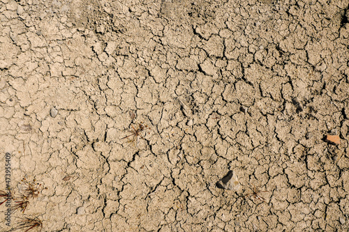 Dry cracked soil in a field during drought. Global warming problem. Ecology issue. Earth dying concept. Effect of water shortage on agriculture industry. Warm color.