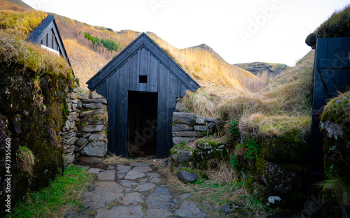 Traditional houses with grass on roof in Iceland. Landscape photography. Open-air museum, Regional Museum, Skogar, Iceland