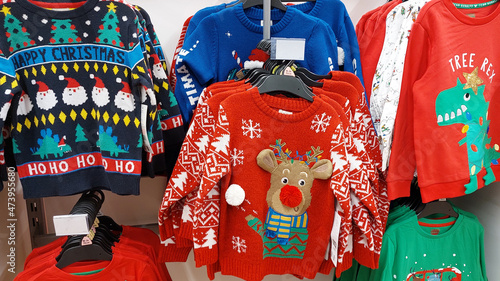 Beautiful or ugly: Christmas sweaters in a shop