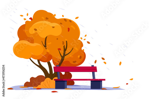 Autumn outdoor scene with bench under the tree. Rainy season, wind and fall of the leaves. Vector illustration in flat style