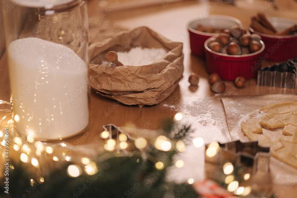 Preparing for baking at happy Christmas evening. Make some sweets at home Preparing for baking at happy Christmas evening. Make some sweets at home