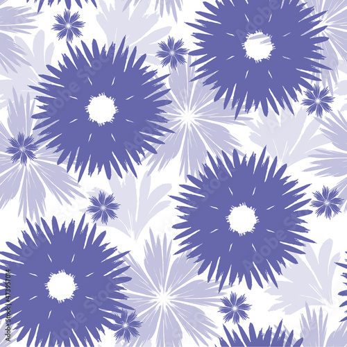 Hand-drawn seamless pattern with floral print. Abstract lavender daisies on white background. Vector pattern for printing on fabric, gift wrapping, covers, wallpapers. Trending color of 2022.
