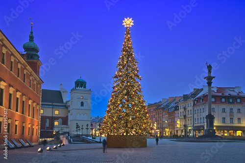 Christmas tree at daybreak in the Castle Square in Warsaw.