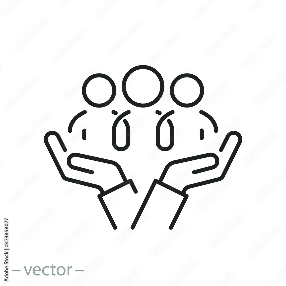 inclusion social equity icon, help or support employee, gender equality, community care, age and culture diversity, people group save, thin line symbol - editable stroke vector illustration - obrazy, fototapety, plakaty 