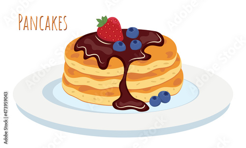 Pancakes on plate with chocolate topping, strawberry and blueberries. Traditional American breakfast concept vector illustration