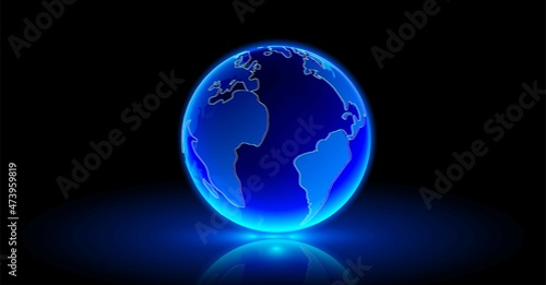 Didital planet earth. Blue hologram of planet earth on shiny floor. Technology and science background. Place for text.